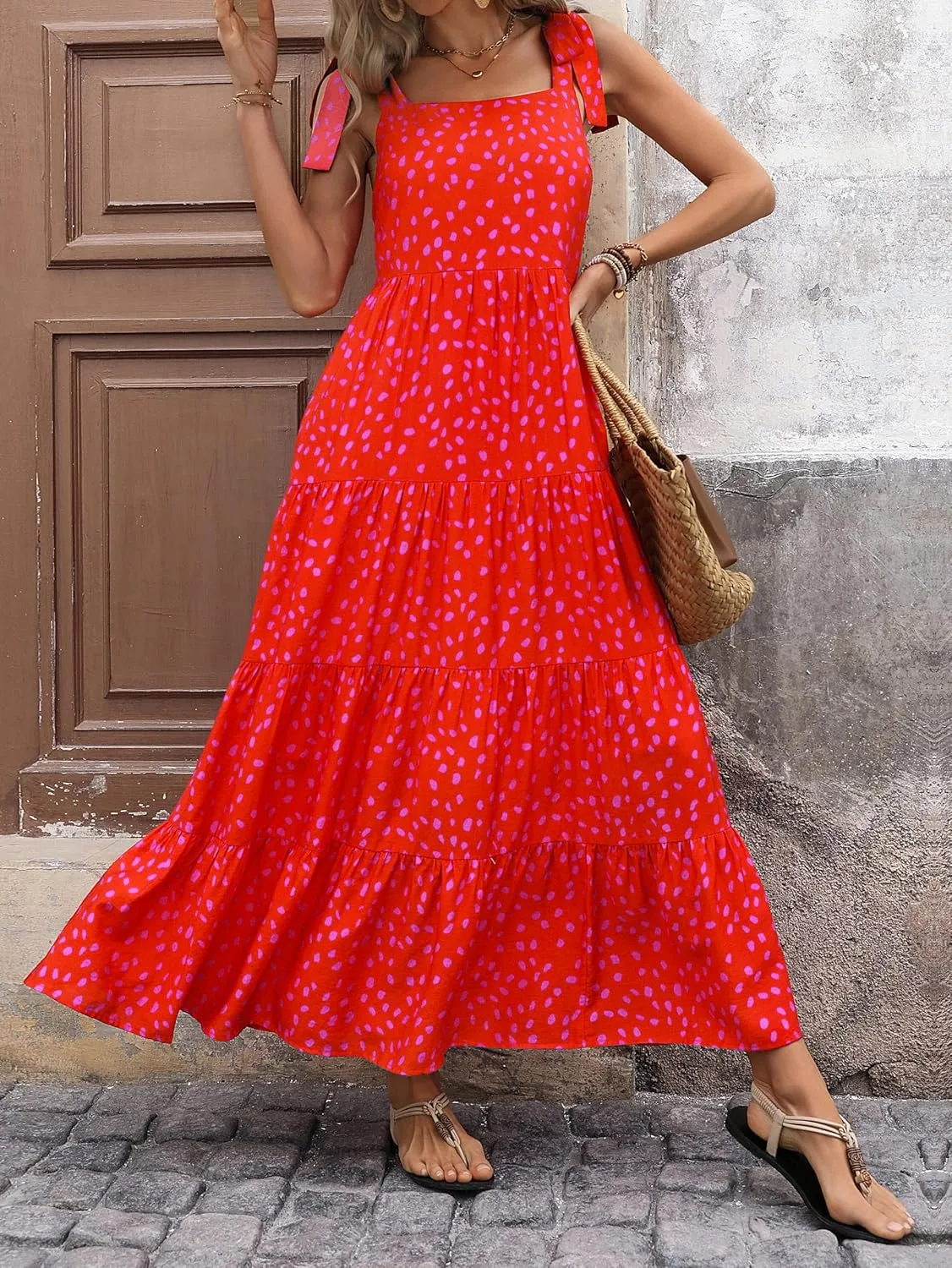 PRETTYGARDEN Womens Dresses 2025 Summer Sleeveless Maxi Dress Square Neck Floral Spaghetti Strap Aline Flowy Beach Long Dress