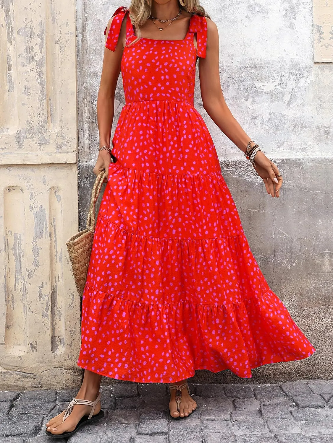 PRETTYGARDEN Womens Dresses 2025 Summer Sleeveless Maxi Dress Square Neck Floral Spaghetti Strap Aline Flowy Beach Long Dress