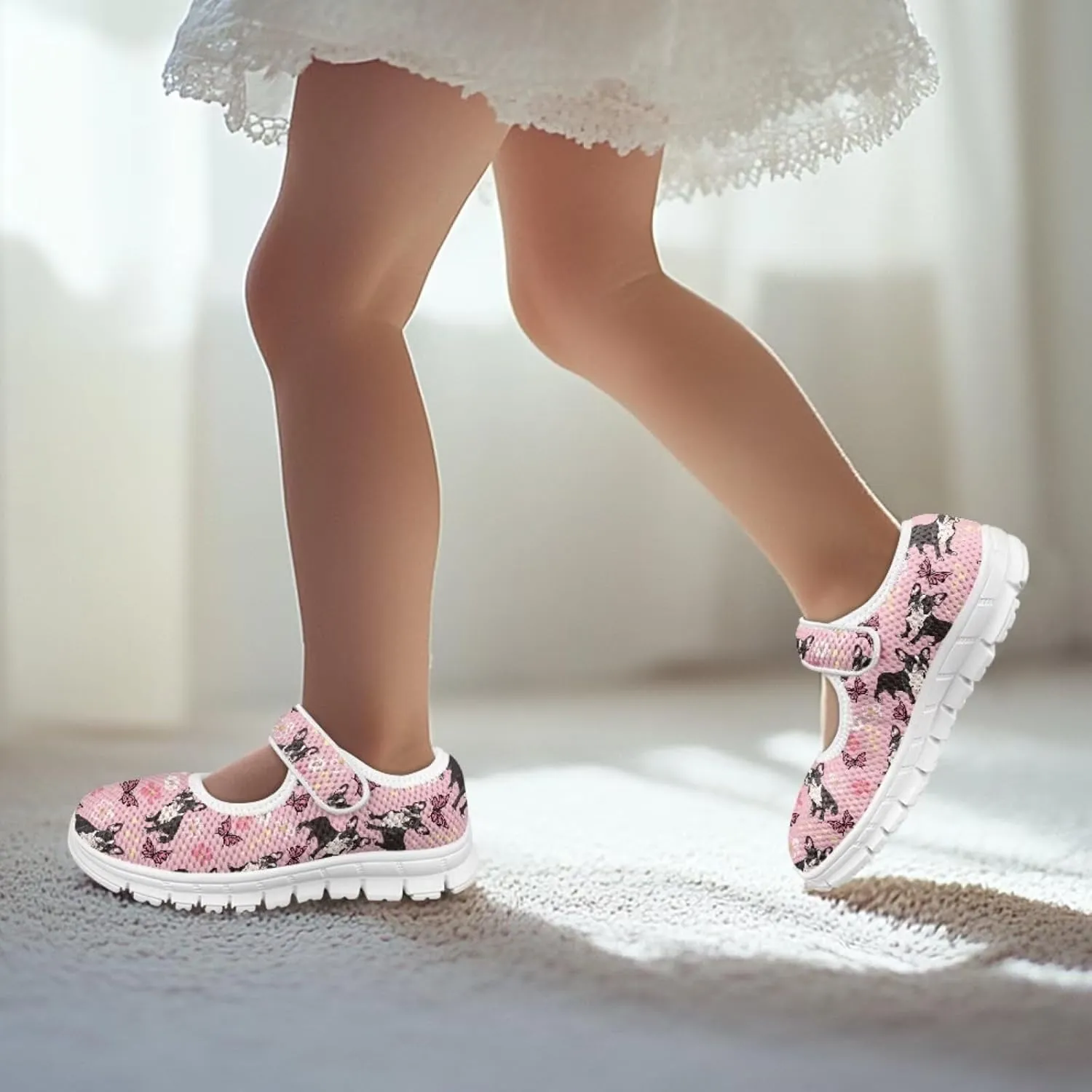 Puppy Print Mary Jane Shoes for Girls Toddler Dress Shoes Breathable Running Tennis Sneaker School Mesh Barefoot Shoes