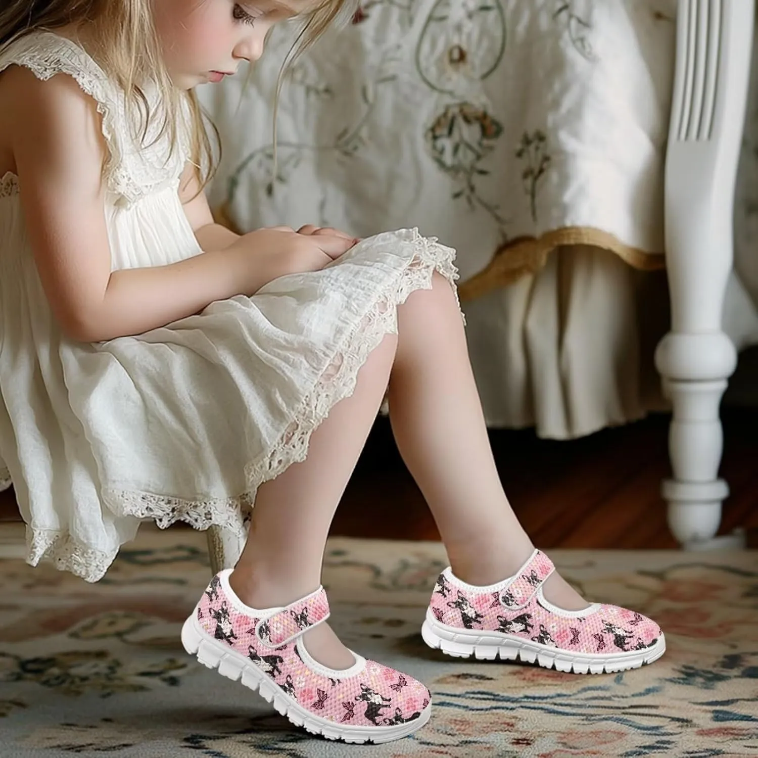 Puppy Print Mary Jane Shoes for Girls Toddler Dress Shoes Breathable Running Tennis Sneaker School Mesh Barefoot Shoes