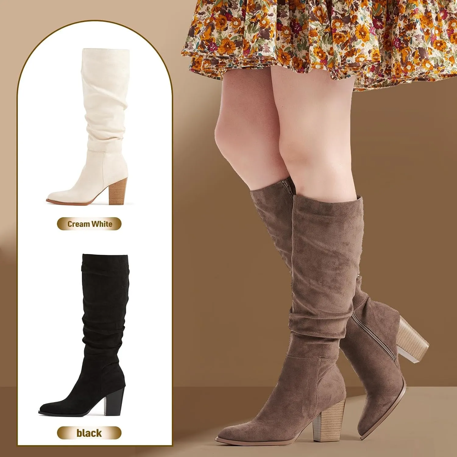 Putu Women's Pointed Toe Knee High Boots Faux Suede Slouch Boots with Chunky Heel
