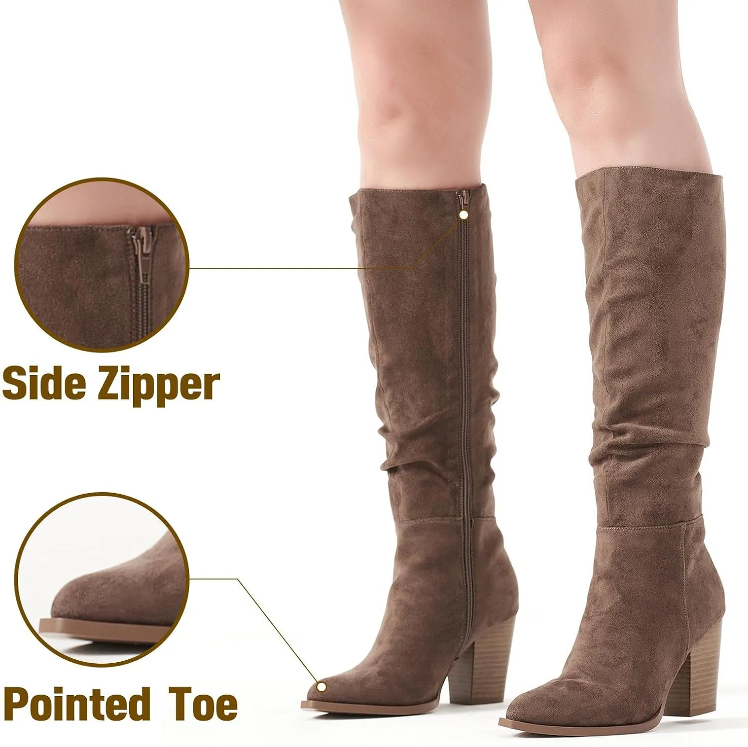 Putu Women's Pointed Toe Knee High Boots Faux Suede Slouch Boots with Chunky Heel