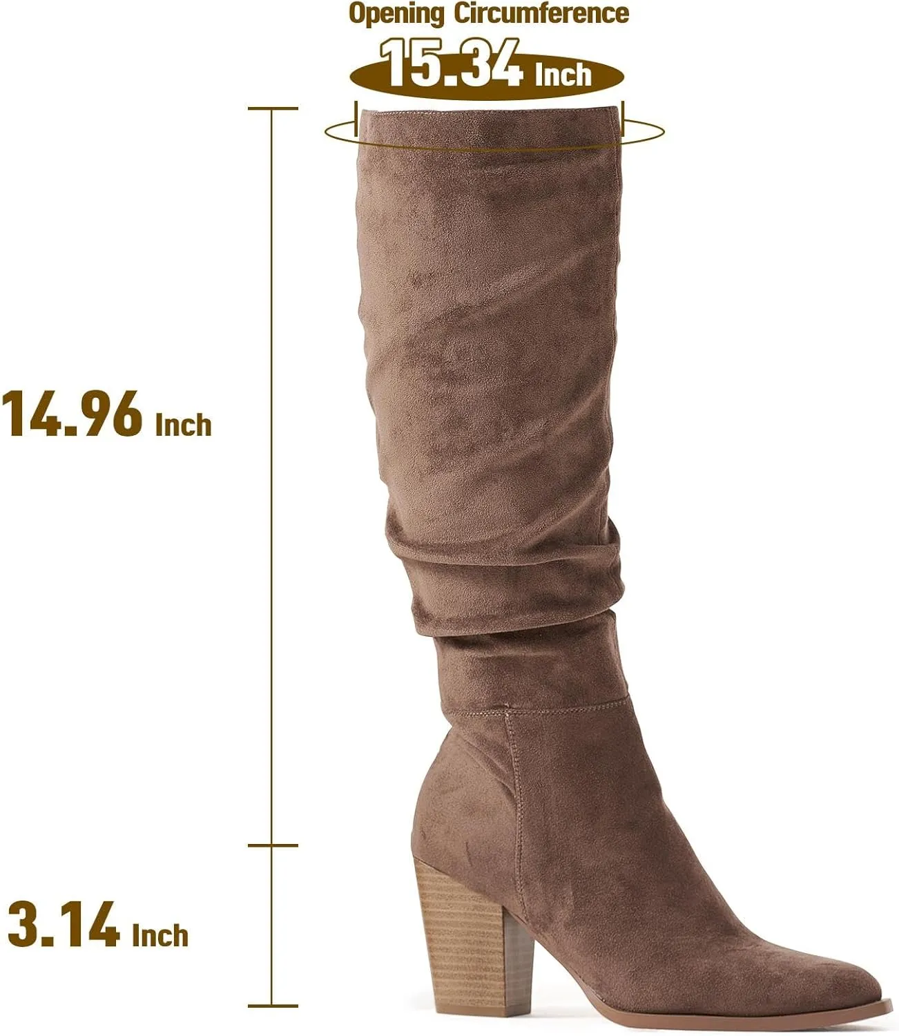 Putu Women's Pointed Toe Knee High Boots Faux Suede Slouch Boots with Chunky Heel