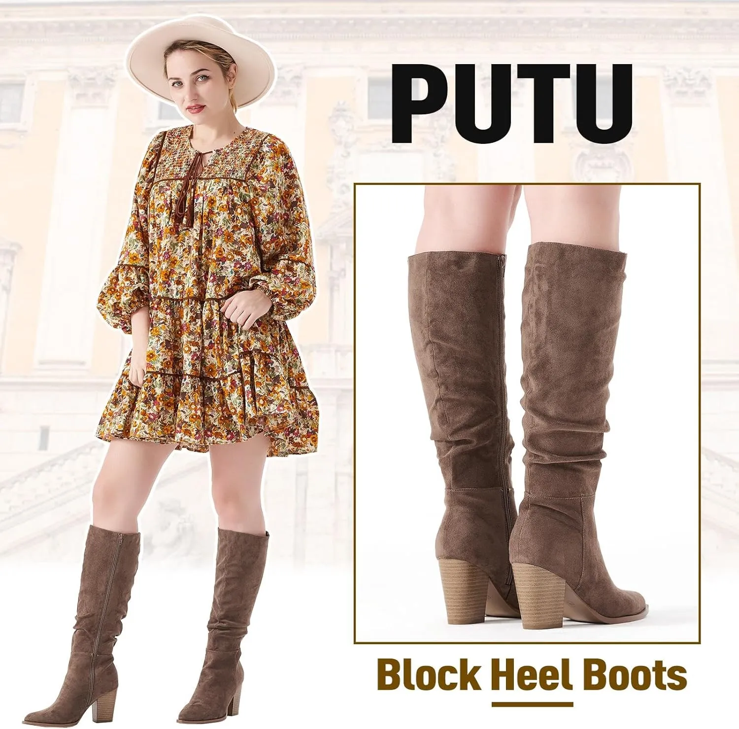 Putu Women's Pointed Toe Knee High Boots Faux Suede Slouch Boots with Chunky Heel