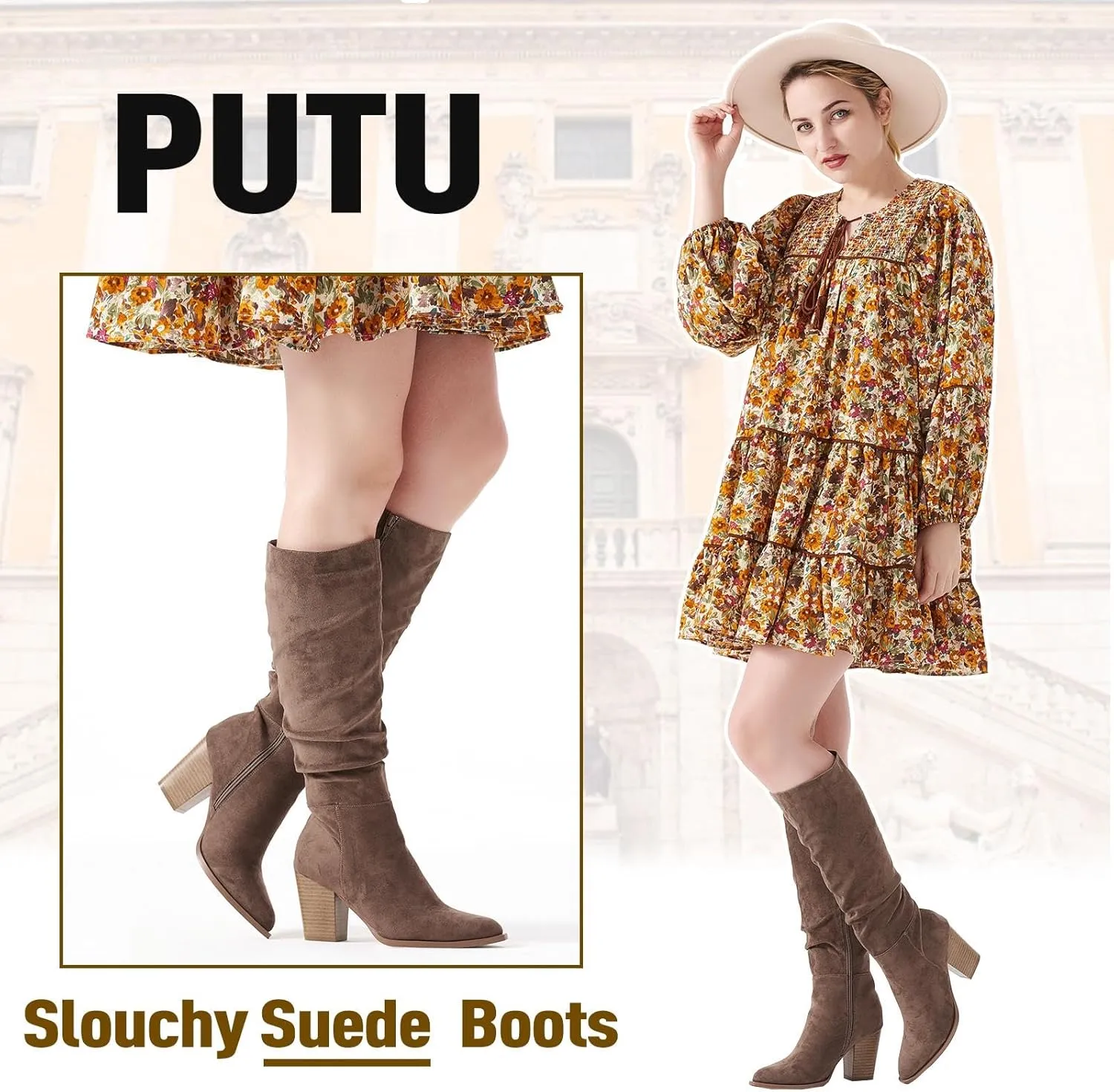 Putu Women's Pointed Toe Knee High Boots Faux Suede Slouch Boots with Chunky Heel