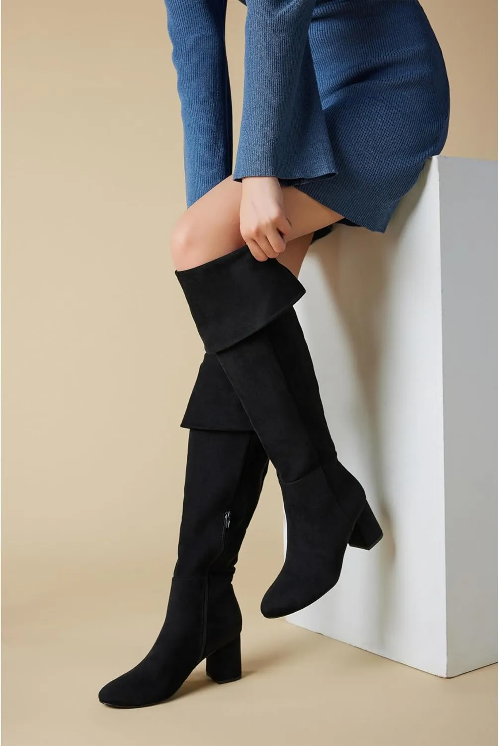 Putu Women's Thigh High Boots Block Heel Boots Over the Knee Faux Suede Tall Boots