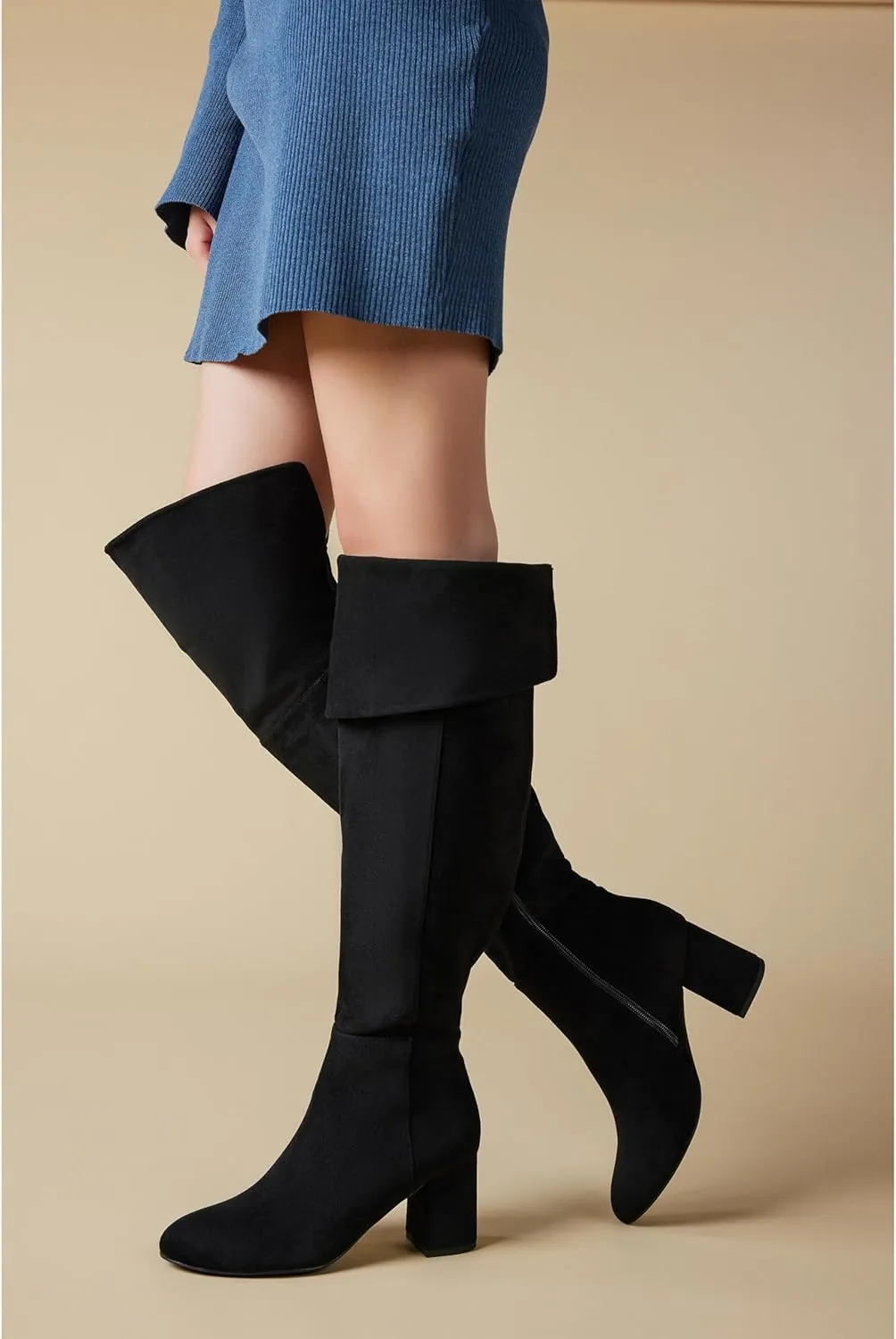 Putu Women's Thigh High Boots Block Heel Boots Over the Knee Faux Suede Tall Boots