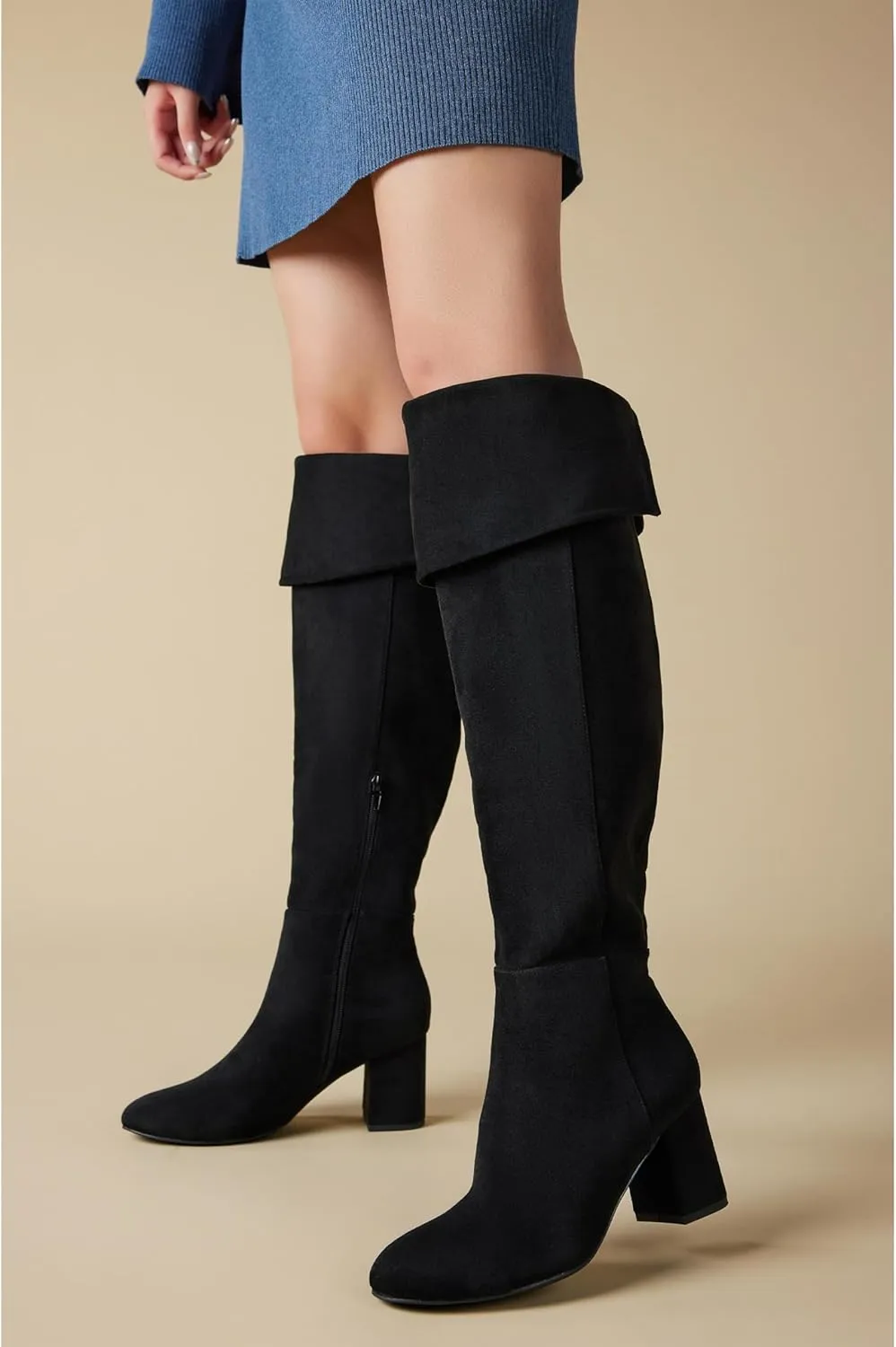 Putu Women's Thigh High Boots Block Heel Boots Over the Knee Faux Suede Tall Boots