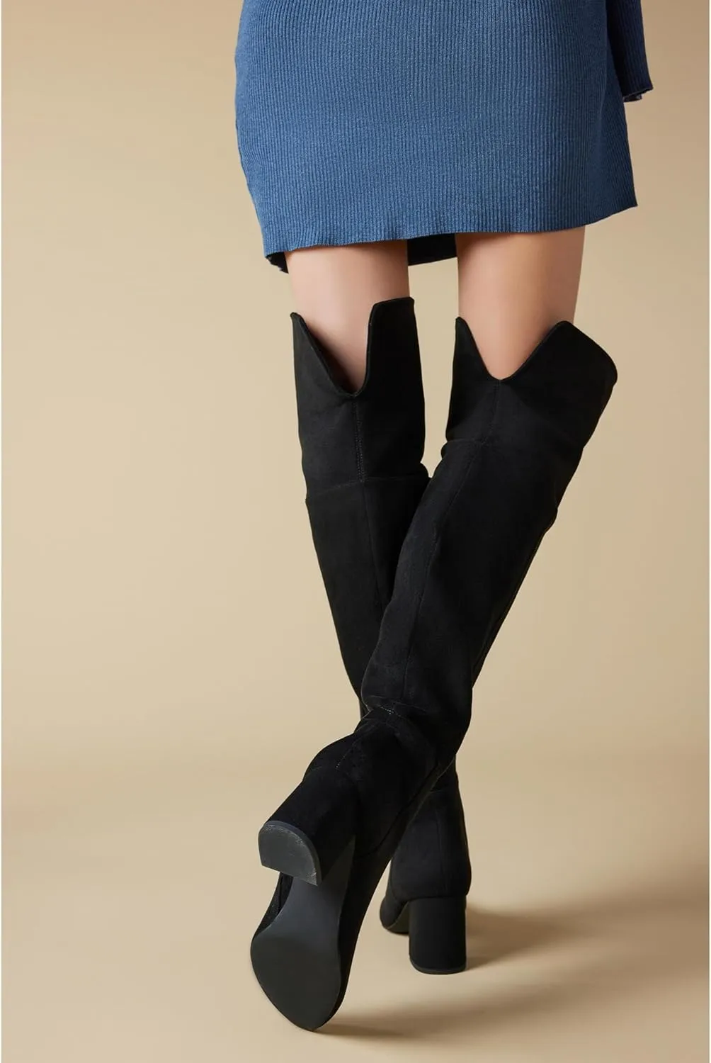Putu Women's Thigh High Boots Block Heel Boots Over the Knee Faux Suede Tall Boots