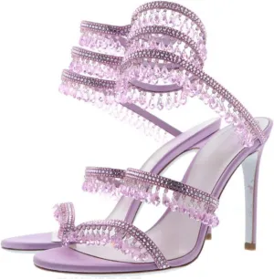 Rhinestone Wrap Around Strappy Stiletto High Heels for Women, Open Round Toe Lace Up Heeled Sandals for Wedding Prom Party Dress