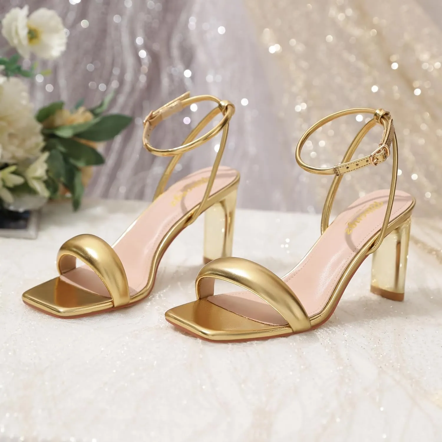 RIBONGZ Womens Sandals Dressy Gold Strappy Square Open Toe Chunky Heels Ankle Strap Kitten Sexy High Heels Prom Wedding Party Evening Summer Bridal Shoes