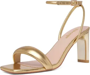 RIBONGZ Womens Sandals Dressy Gold Strappy Square Open Toe Chunky Heels Ankle Strap Kitten Sexy High Heels Prom Wedding Party Evening Summer Bridal Shoes