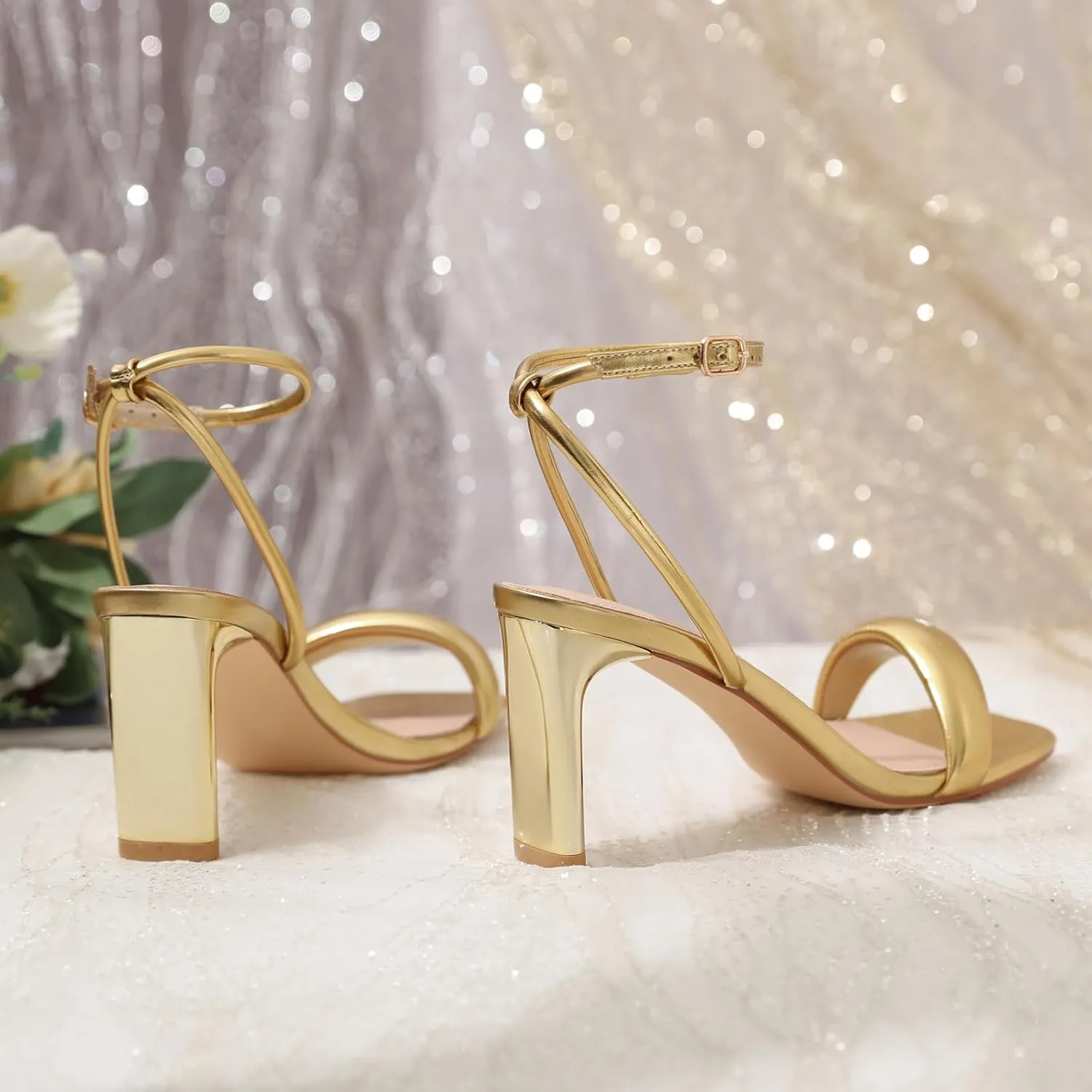 RIBONGZ Womens Sandals Dressy Gold Strappy Square Open Toe Chunky Heels Ankle Strap Kitten Sexy High Heels Prom Wedding Party Evening Summer Bridal Shoes