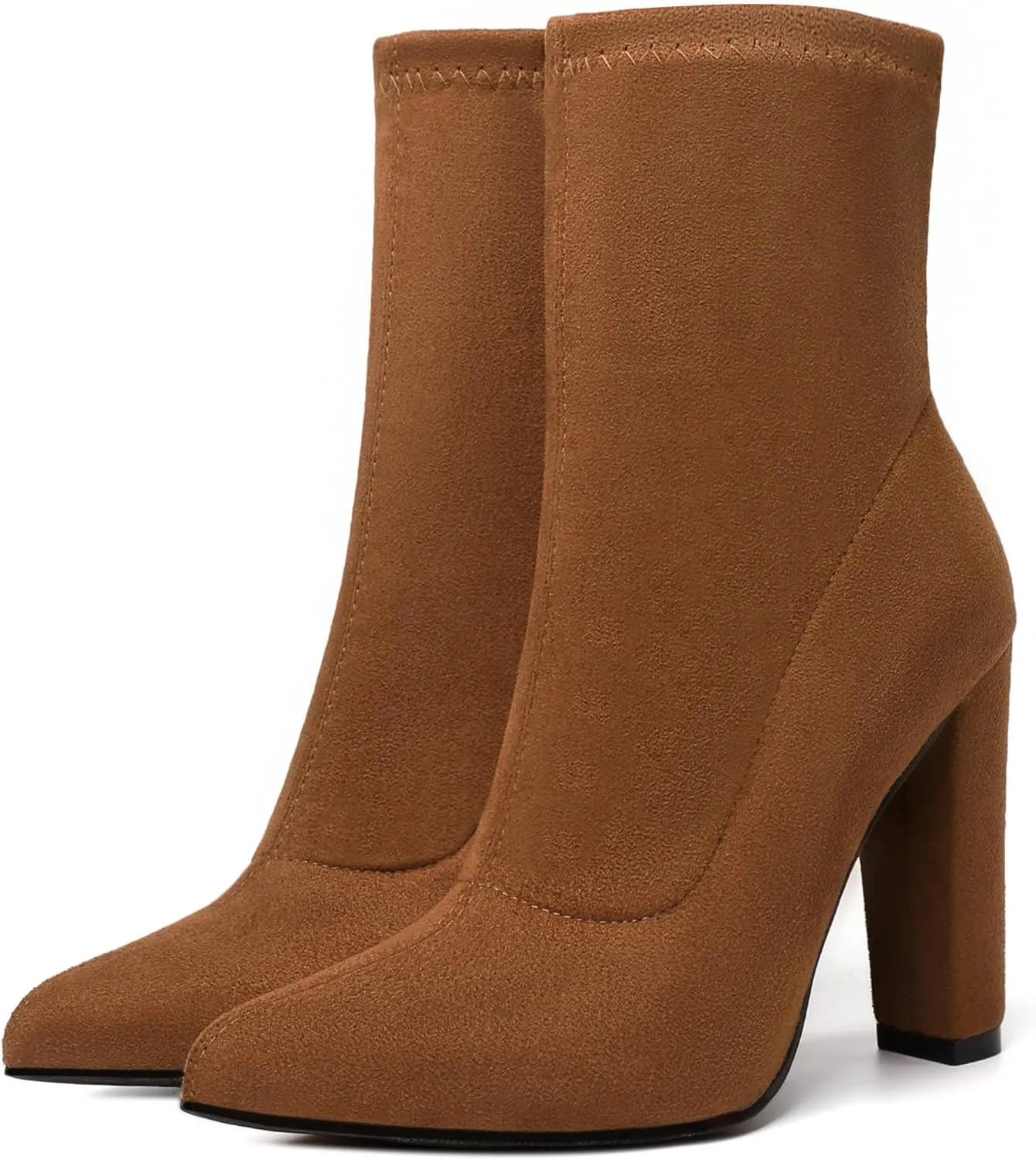 risdoada Women's Sock Boots Chunky Heel Ankle Booties Elastic Suede Pointed Toe Fall Winter High Heeled Mid Calf Boots