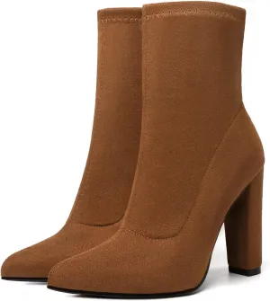 risdoada Women's Sock Boots Chunky Heel Ankle Booties Elastic Suede Pointed Toe Fall Winter High Heeled Mid Calf Boots
