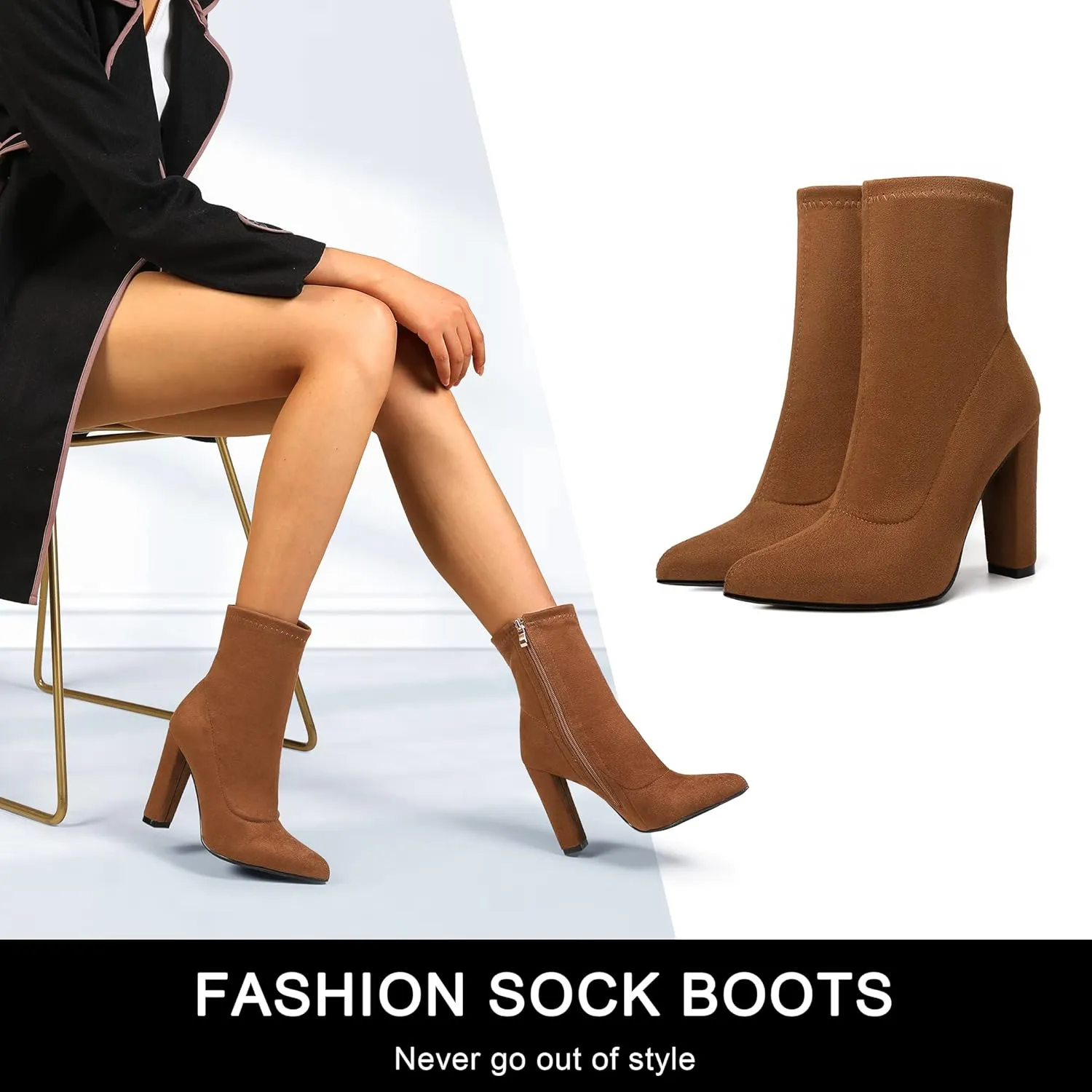 risdoada Women's Sock Boots Chunky Heel Ankle Booties Elastic Suede Pointed Toe Fall Winter High Heeled Mid Calf Boots
