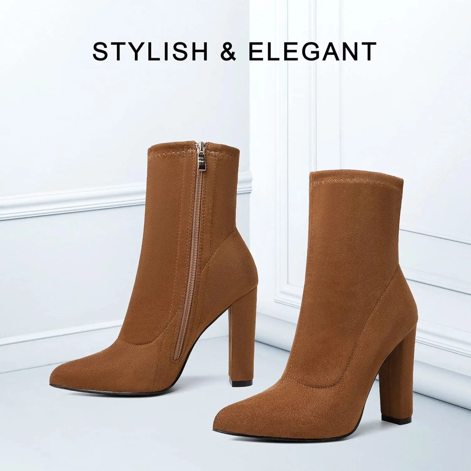 risdoada Women's Sock Boots Chunky Heel Ankle Booties Elastic Suede Pointed Toe Fall Winter High Heeled Mid Calf Boots
