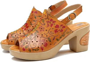 Riutiru Women's Handmade Lambskin Retro Casual Sandals for Spring and Summer, Contrast 3D Color-blocking Flower Comfortable High-heeled Sandals for Women