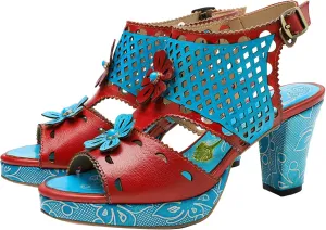 Riutiru Women's Handmade Lambskin Retro Casual Sandals for Spring and Summer, Contrast 3D Color-blocking Flower Comfortable High-heeled Sandals for Women