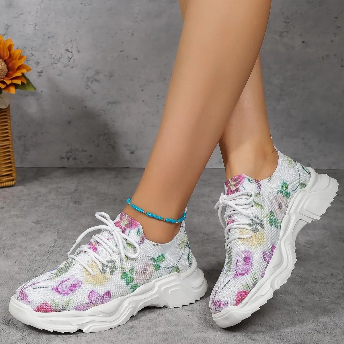 RZDYSQ Floral Print Lace-up Breathable Orthopedic Sneakers, Women's Mesh Breathable Orthopedic Sneakers