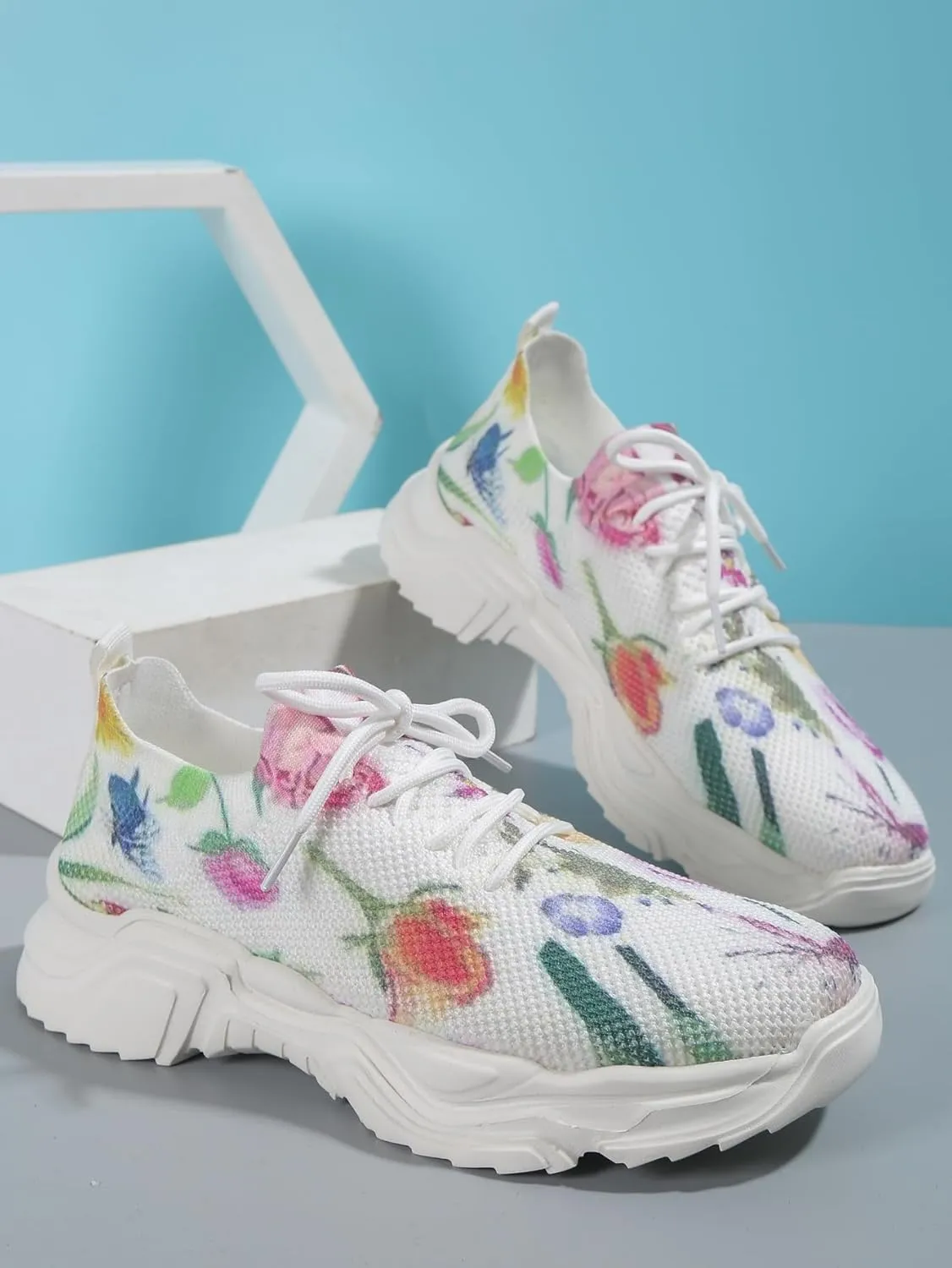 RZDYSQ Floral Print Lace-up Breathable Orthopedic Sneakers, Women's Mesh Breathable Orthopedic Sneakers