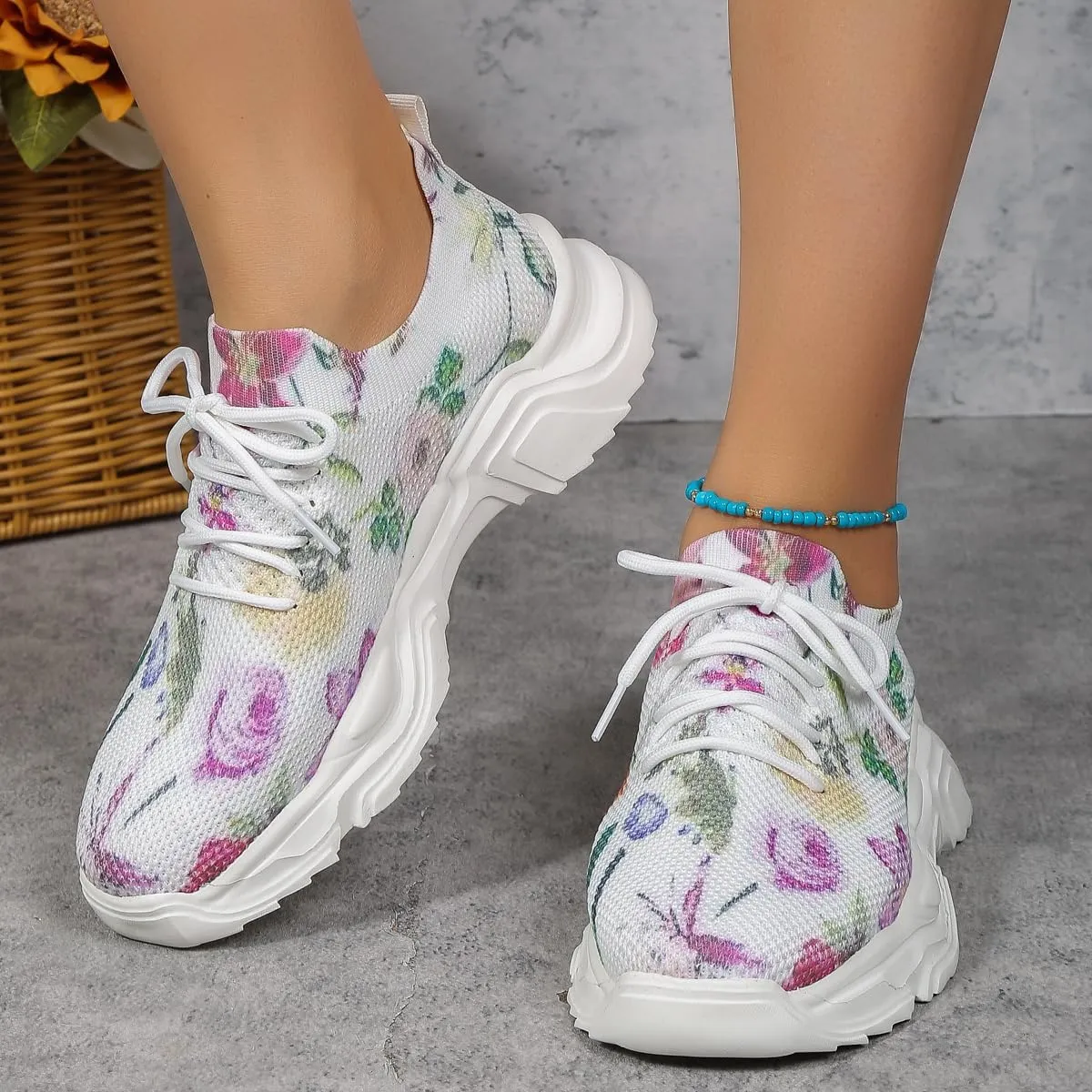 RZDYSQ Floral Print Lace-up Breathable Orthopedic Sneakers, Women's Mesh Breathable Orthopedic Sneakers