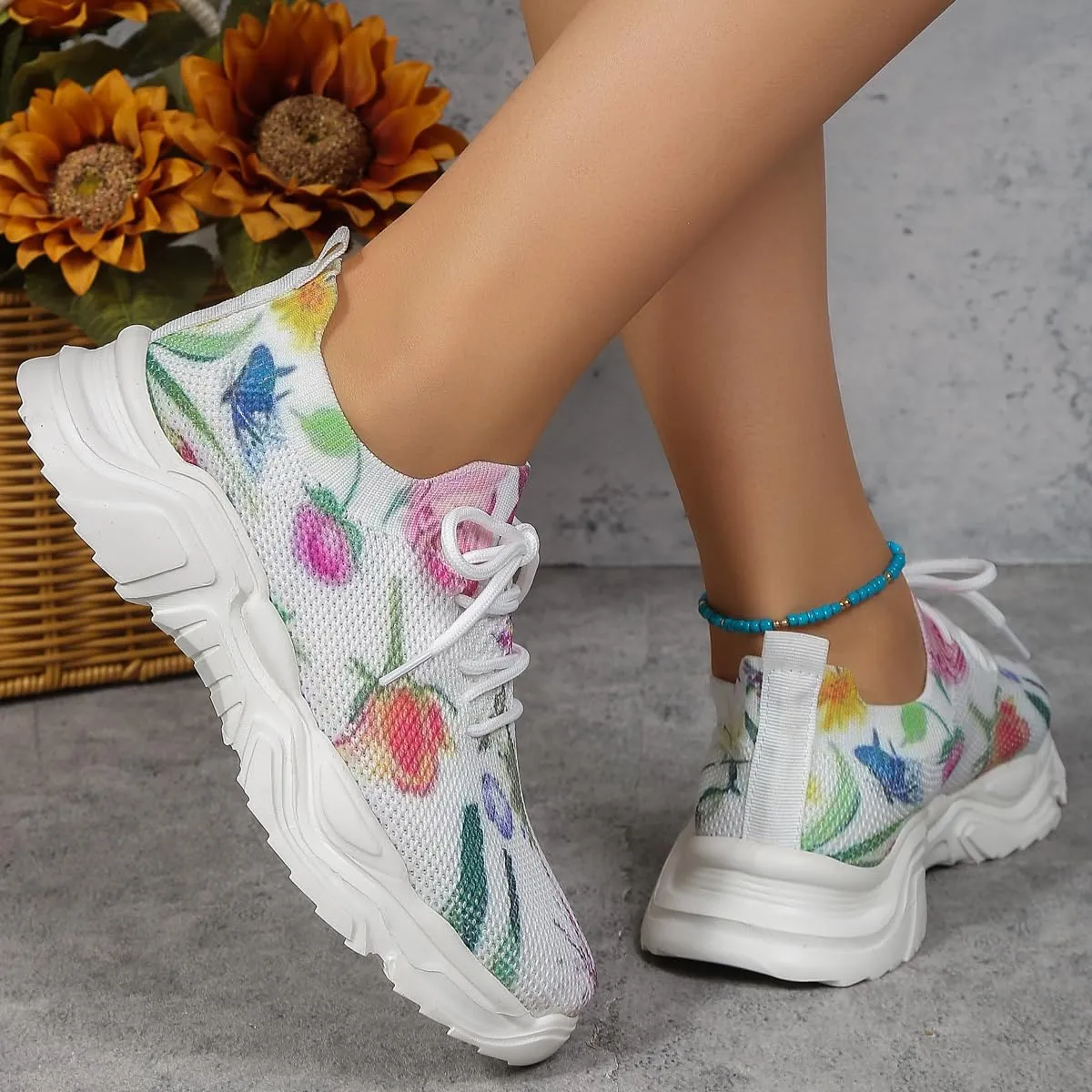 RZDYSQ Floral Print Lace-up Breathable Orthopedic Sneakers, Women's Mesh Breathable Orthopedic Sneakers