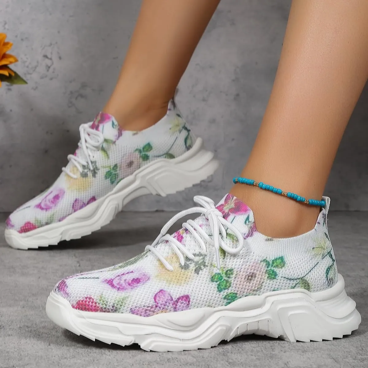 RZDYSQ Floral Print Lace-up Breathable Orthopedic Sneakers, Women's Mesh Breathable Orthopedic Sneakers