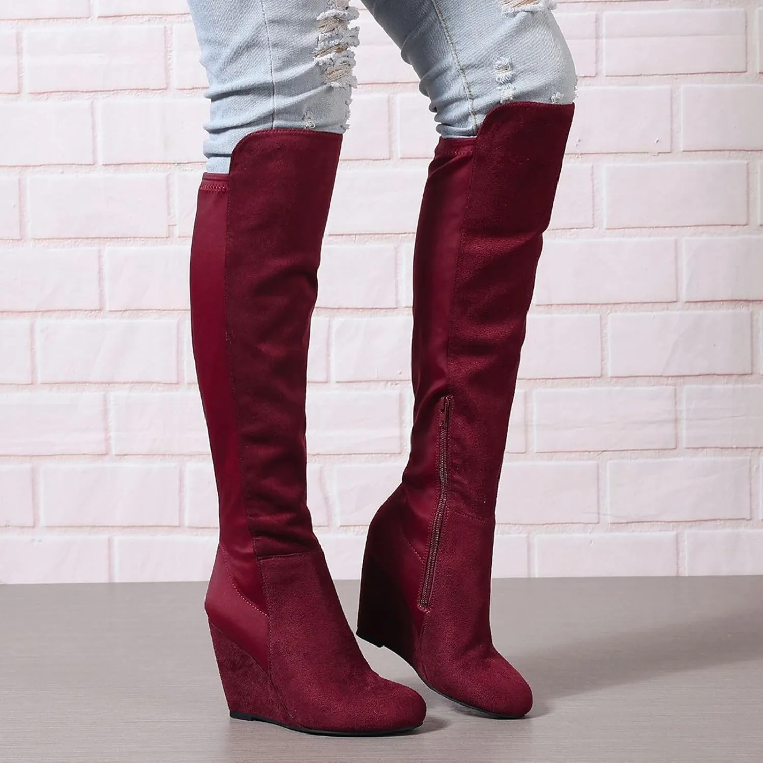 SACFOF Womens Over the Knee High Boots Suede Wedge Heel Long Stretch Boots Sexy Fashion Thigh High Tall Boots US6-11