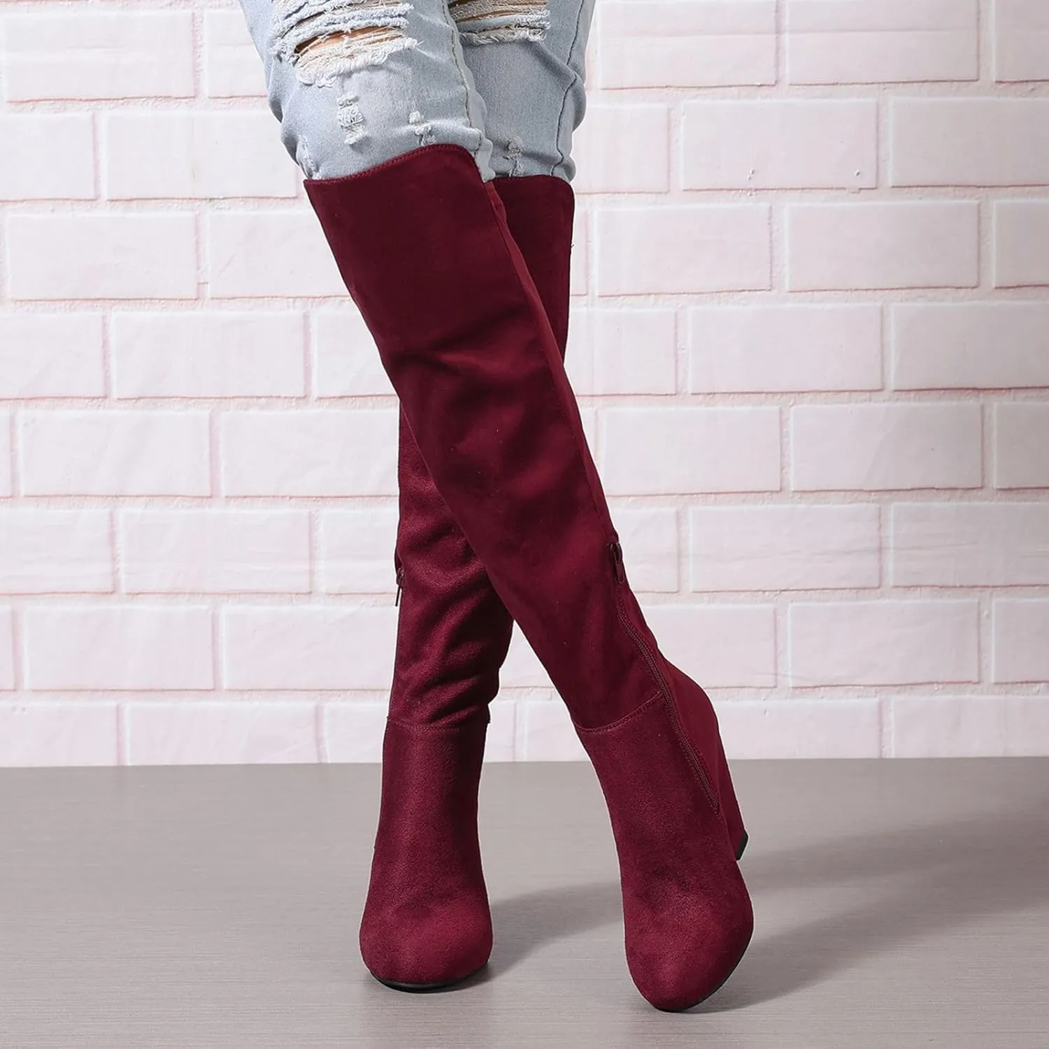 SACFOF Womens Over the Knee High Boots Suede Wedge Heel Long Stretch Boots Sexy Fashion Thigh High Tall Boots US6-11