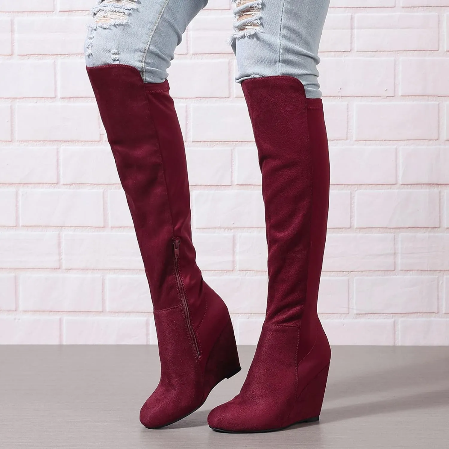 SACFOF Womens Over the Knee High Boots Suede Wedge Heel Long Stretch Boots Sexy Fashion Thigh High Tall Boots US6-11