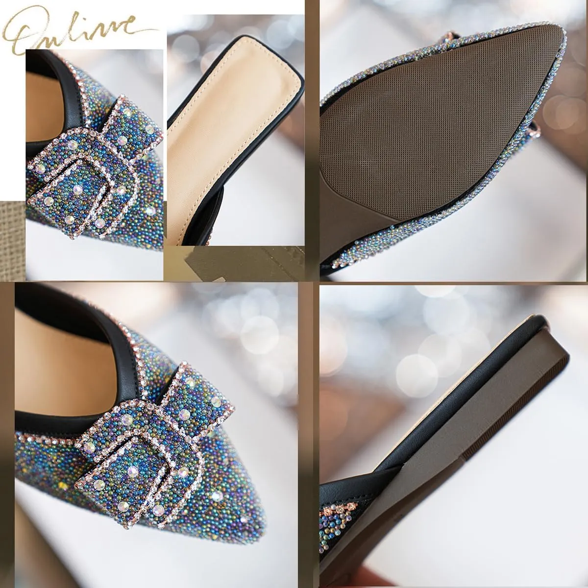 SAFECAMS Rhinestone Bow for Women Flat Mules Pointed Toe Backless Slip On Mules Ladies Comfort Soft Sole Flat Loafer