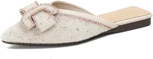 SAFECAMS Rhinestone Bow for Women Flat Mules Pointed Toe Backless Slip On Mules Ladies Comfort Soft Sole Flat Loafer