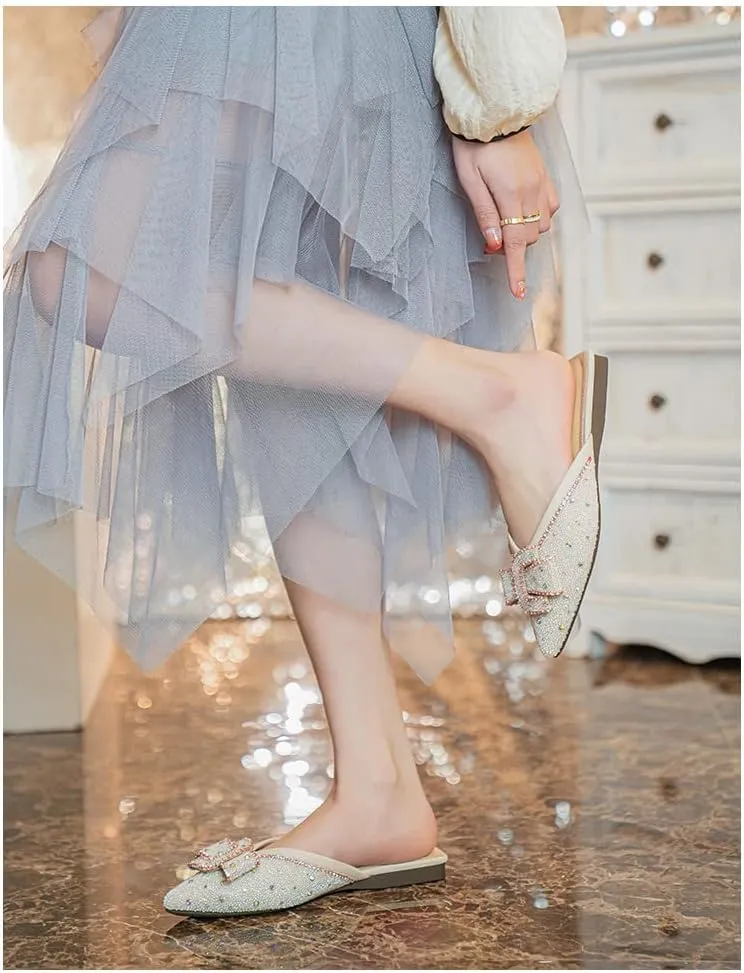 SAFECAMS Rhinestone Bow for Women Flat Mules Pointed Toe Backless Slip On Mules Ladies Comfort Soft Sole Flat Loafer