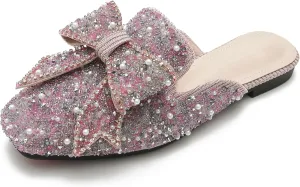 SAFECAMS Women's Rhinestone Bow Flat Mules Comfortable Square Toe Slip on Penny Loafers Ladies Baotou Clogs Half Slides Mules