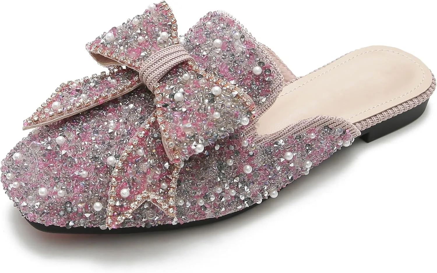 SAFECAMS Women's Rhinestone Bow Flat Mules Comfortable Square Toe Slip on Penny Loafers Ladies Baotou Clogs Half Slides Mules