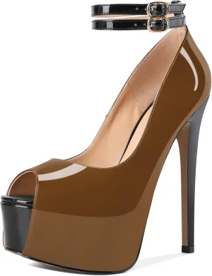 SAMMITOP Women's Peep Toe Platform Heels Double Ankle Strap Stiletto High Heel Pumps Sandals Patent Leather Wedding Bride Party Dress Shoes 6 Inch