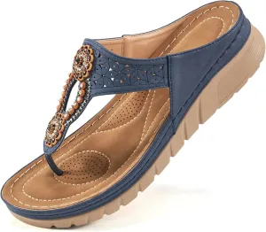 Sandals for Women Wedge Shoes: Casual Summer Comfortable Cushioned FootBed Bohemia Rhinestone Work Womens Flip Flops for Office Travel