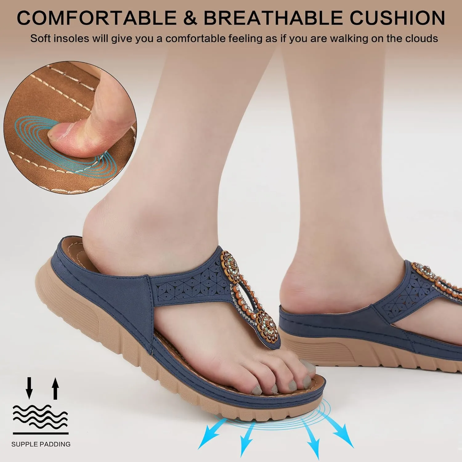 Sandals for Women Wedge Shoes: Casual Summer Comfortable Cushioned FootBed Bohemia Rhinestone Work Womens Flip Flops for Office Travel
