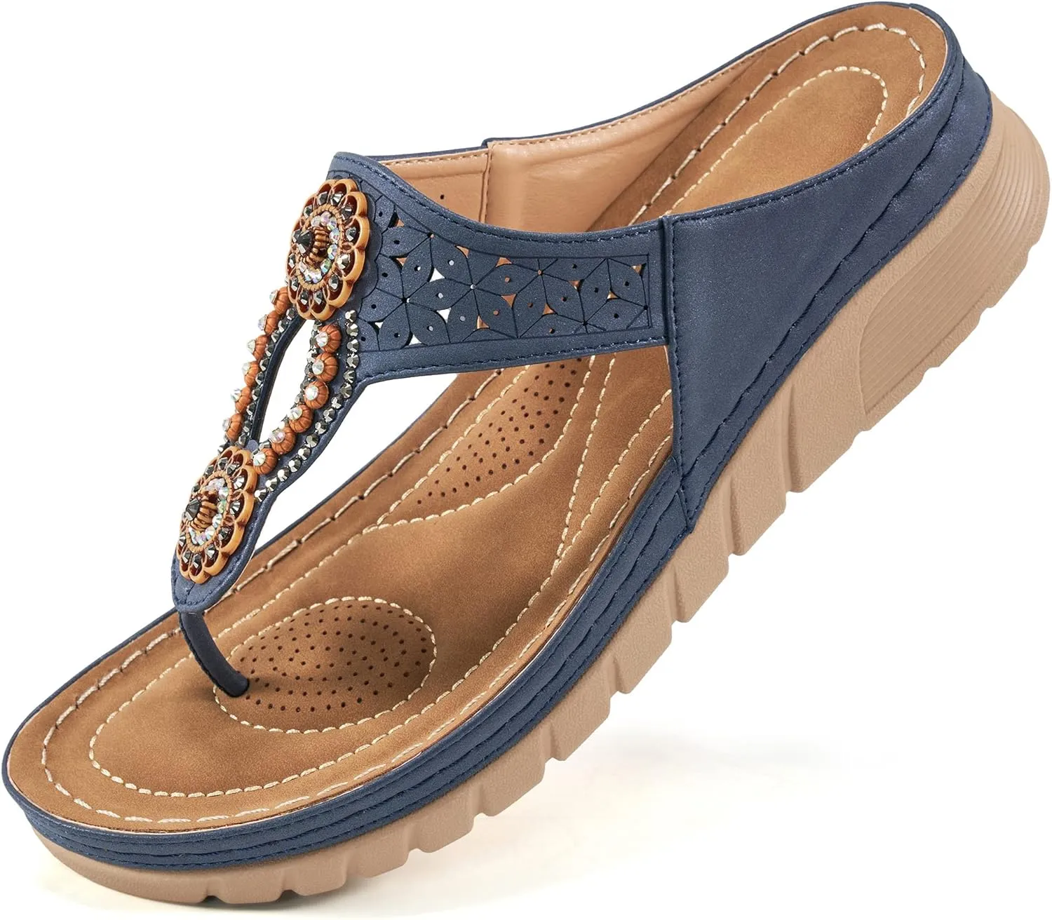 Sandals for Women Wedge Shoes: Casual Summer Comfortable Cushioned FootBed Bohemia Rhinestone Work Womens Flip Flops for Office Travel