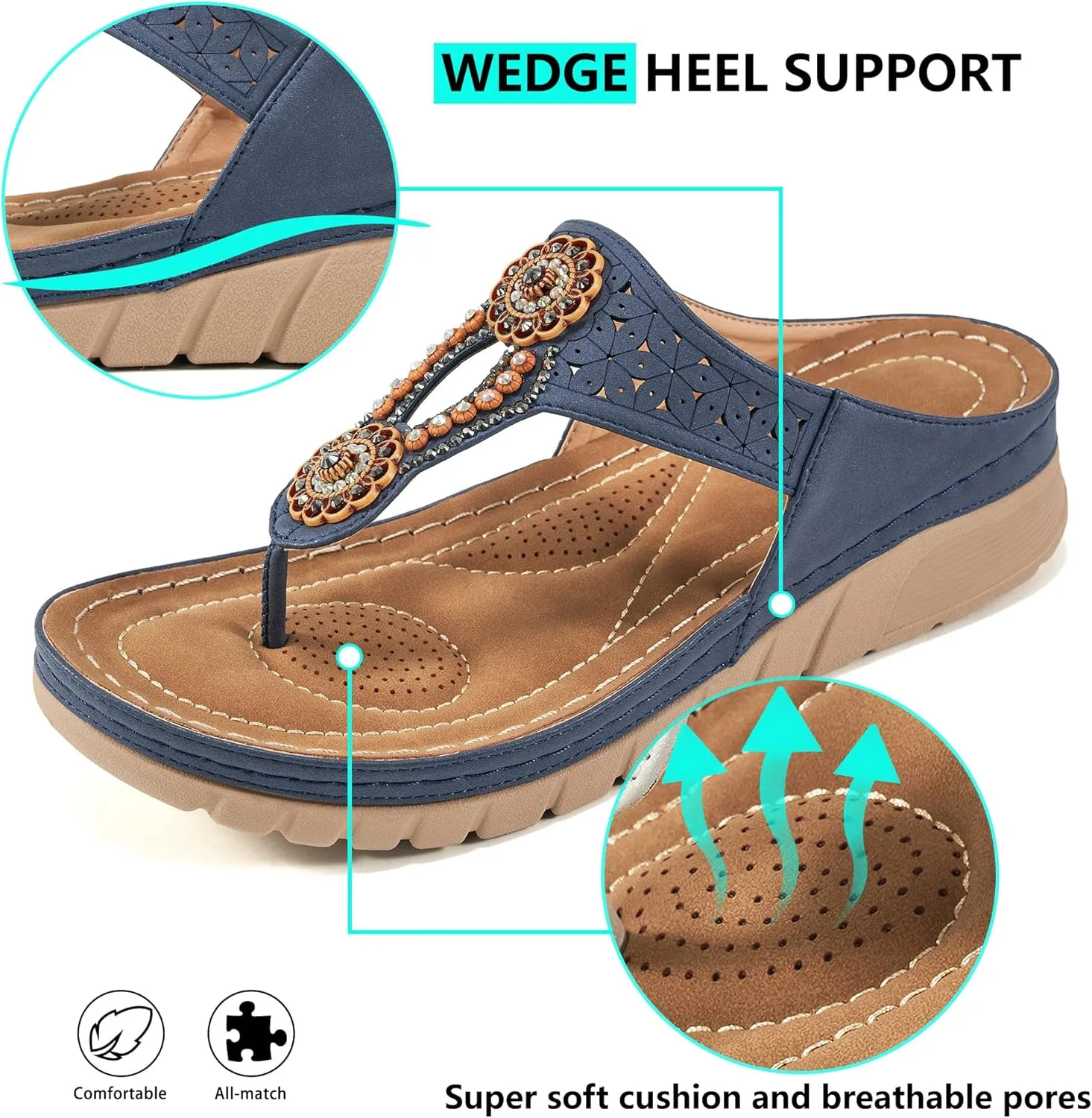 Sandals for Women Wedge Shoes: Casual Summer Comfortable Cushioned FootBed Bohemia Rhinestone Work Womens Flip Flops for Office Travel