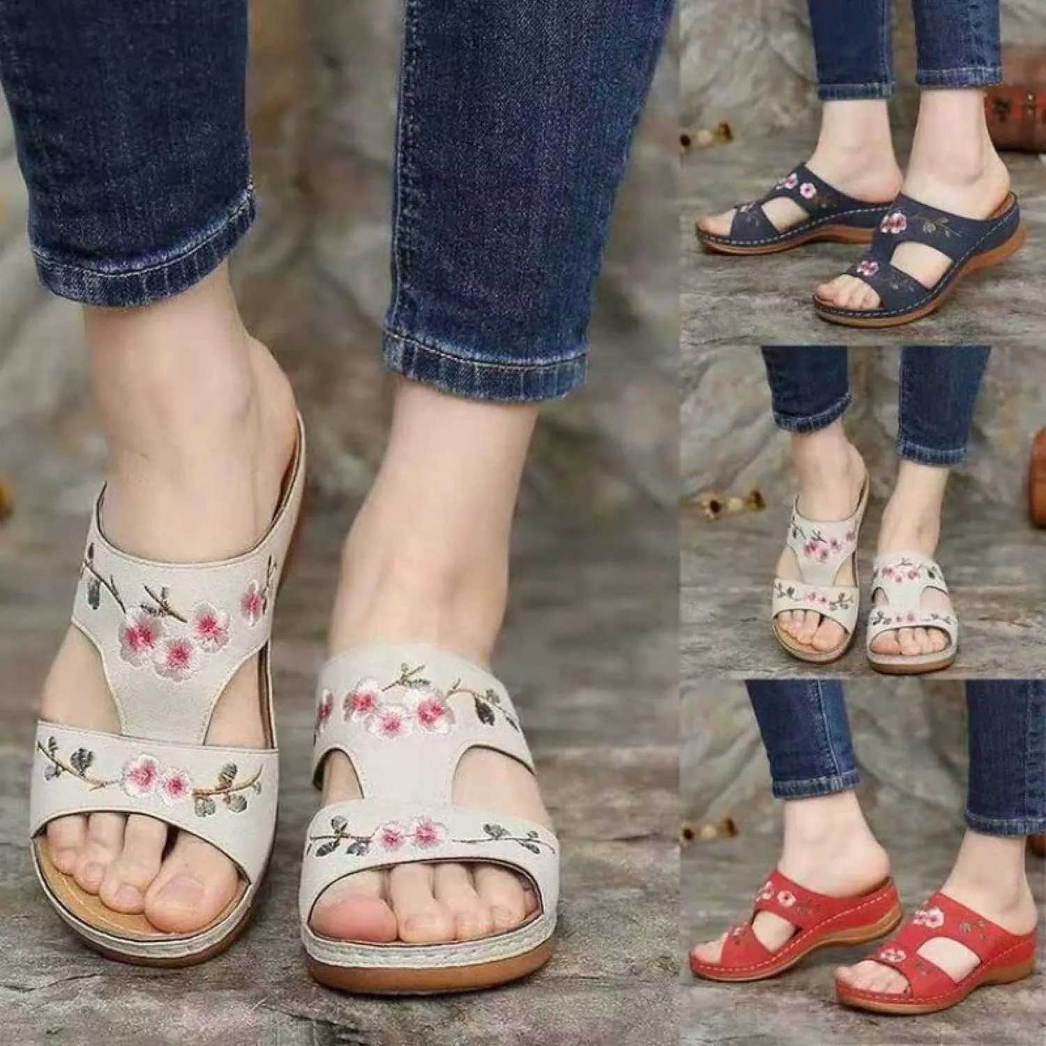 Sandals Womens Wedge Wide fit,Party Evening Platfrom Sandals,Summer Hollow Sandals, Embroidered Wedge Plus Size Slippers,Beige,39