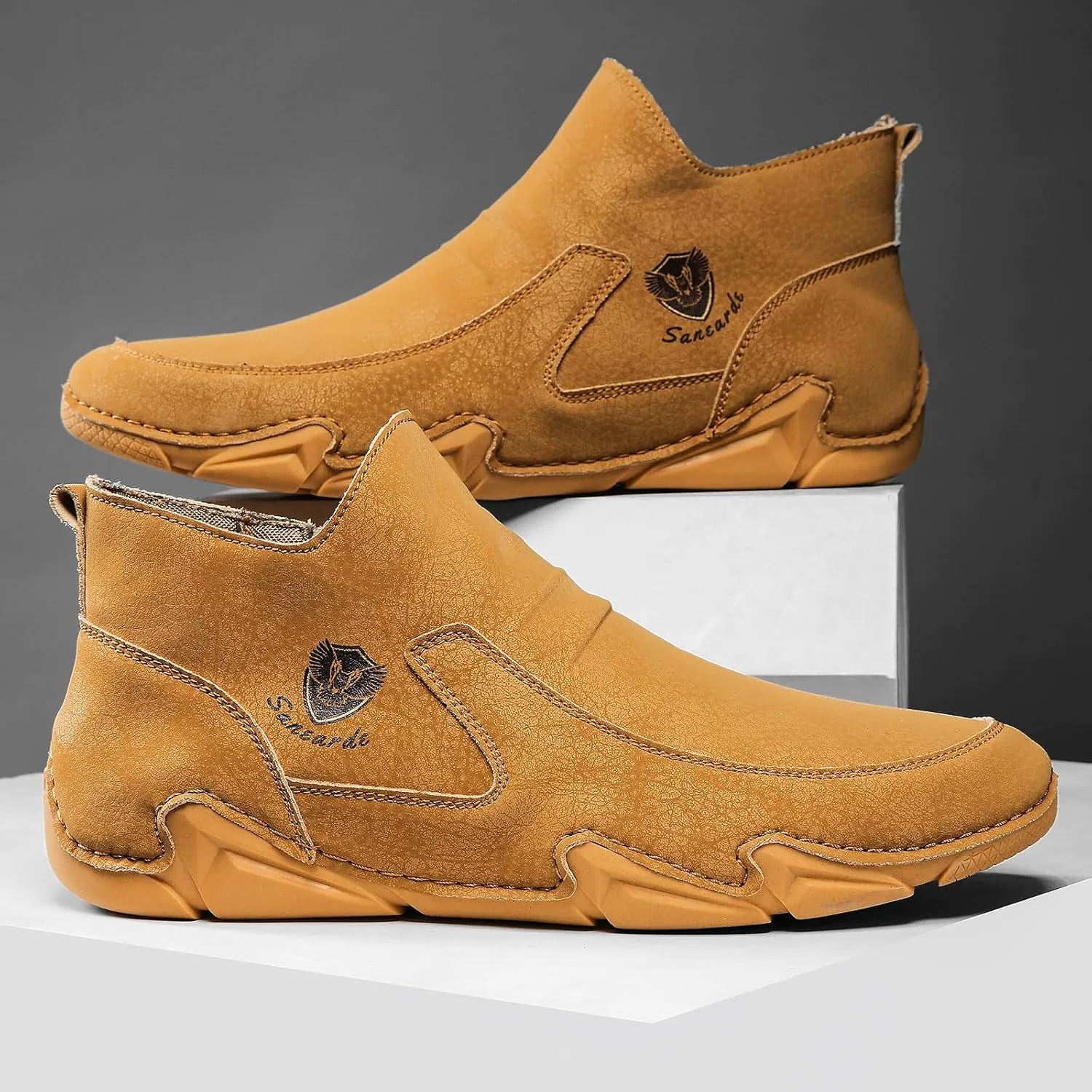 Sanearde Men's Chukka Boots Handmade Casual Leather Loafers Non Slip Hiking Ankle Booties Fashion Comfortable Driving Shoes