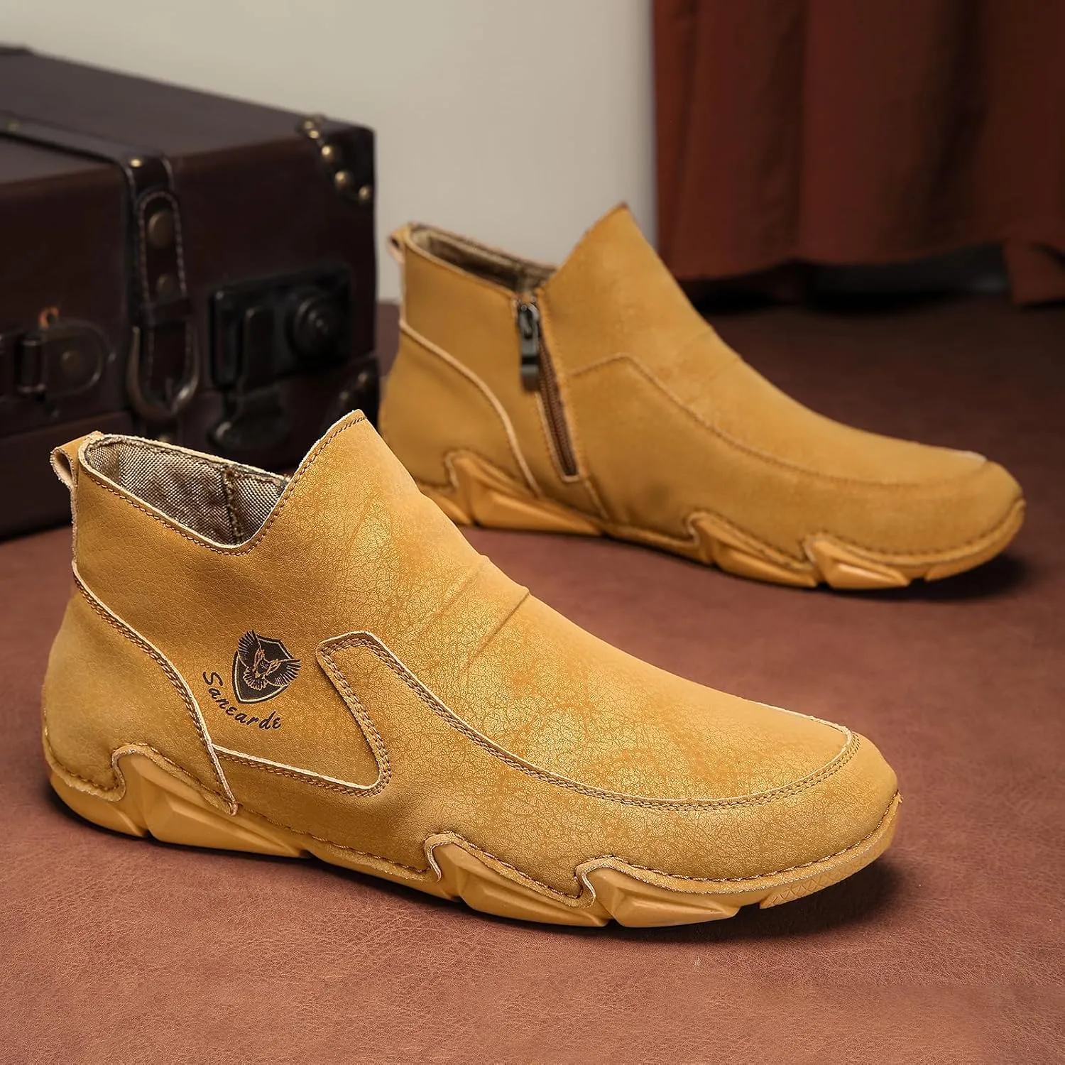 Sanearde Men's Chukka Boots Handmade Casual Leather Loafers Non Slip Hiking Ankle Booties Fashion Comfortable Driving Shoes