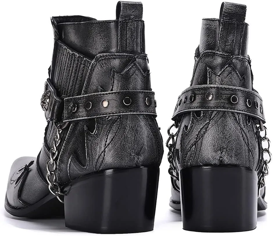 Santimon Chelsea Boots Men Party Casual Dress Leather Chain Cowboy Boots Fashion Western Boots Prom Wedding Ballroom Motorcycle Ankle Boots for Men Boys