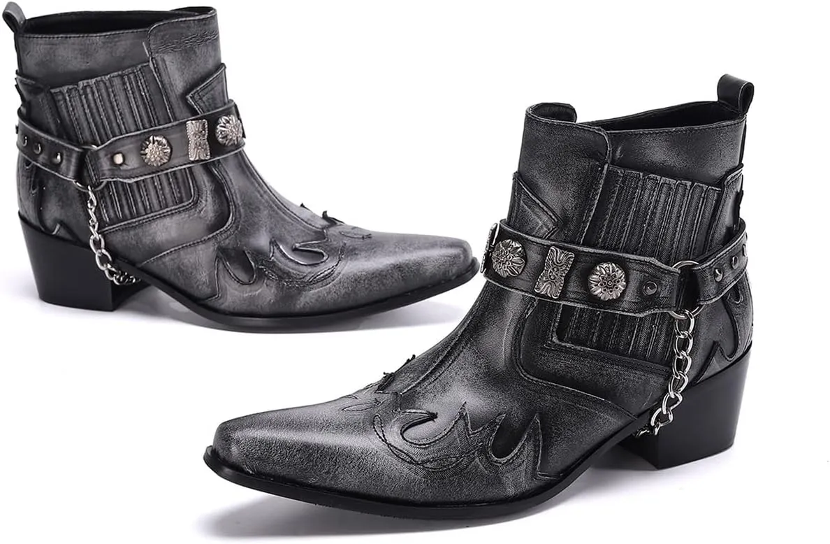 Santimon Chelsea Boots Men Party Casual Dress Leather Chain Cowboy Boots Fashion Western Boots Prom Wedding Ballroom Motorcycle Ankle Boots for Men Boys