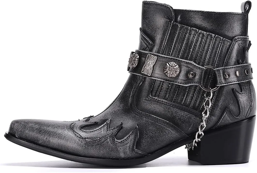 Santimon Chelsea Boots Men Party Casual Dress Leather Chain Cowboy Boots Fashion Western Boots Prom Wedding Ballroom Motorcycle Ankle Boots for Men Boys