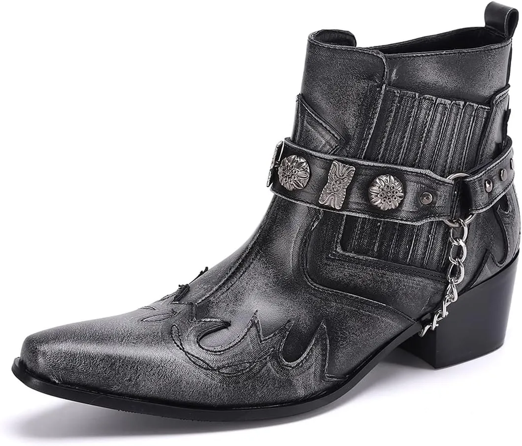 Santimon Chelsea Boots Men Party Casual Dress Leather Chain Cowboy Boots Fashion Western Boots Prom Wedding Ballroom Motorcycle Ankle Boots for Men Boys