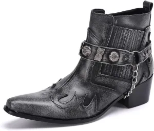 Santimon Chelsea Boots Men Party Casual Dress Leather Chain Cowboy Boots Fashion Western Boots Prom Wedding Ballroom Motorcycle Ankle Boots for Men Boys