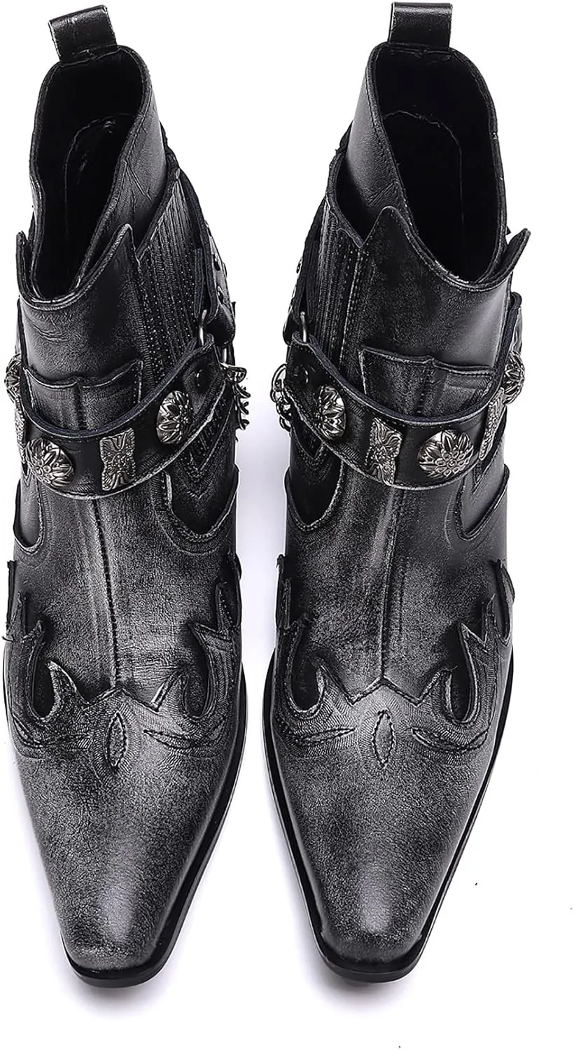Santimon Chelsea Boots Men Party Casual Dress Leather Chain Cowboy Boots Fashion Western Boots Prom Wedding Ballroom Motorcycle Ankle Boots for Men Boys